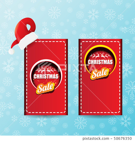 vector Christmas sales paper banner or tag label with red santa hat on snowy blue background with vector Christmas sales paper banner or tag label with red santa hat on snowy blue background with 58676350