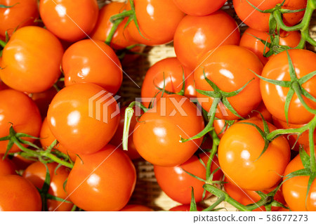 Close-up of mellow red bush-tomatoes on supermarket counter Close-up of mellow red bush-tomatoes on supermarket counter 58677273