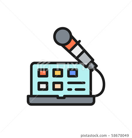 Laptop with microphone, sound recording, radio host, broadcasts color line icon. Laptop with microphone, sound recording, radio host, broadcasts color line icon. 58678049
