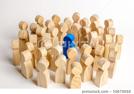 The blue figure of the leader is surrounded by a crowd of people. Leadership and team management, an example for imitation. Loyalty and trust. Idol. Like-minded people and followers 58678088