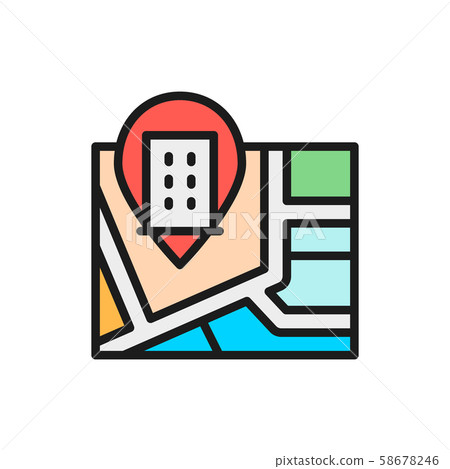 Map with hotel pin mark flat color line icon. Map with hotel pin mark flat color line icon. 58678246