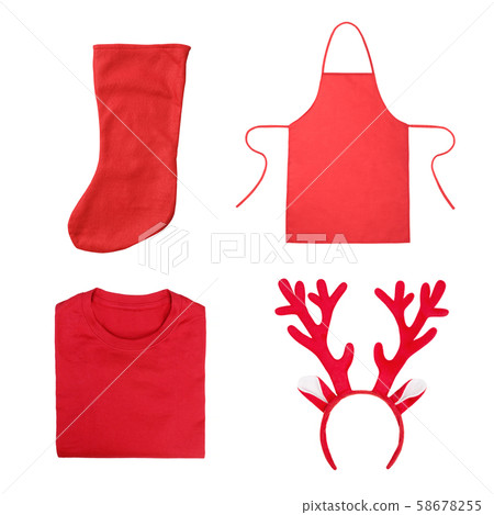 Christmas objects including antlers headband, red folded t-shirt, red apron, red Christmas sock 58678255