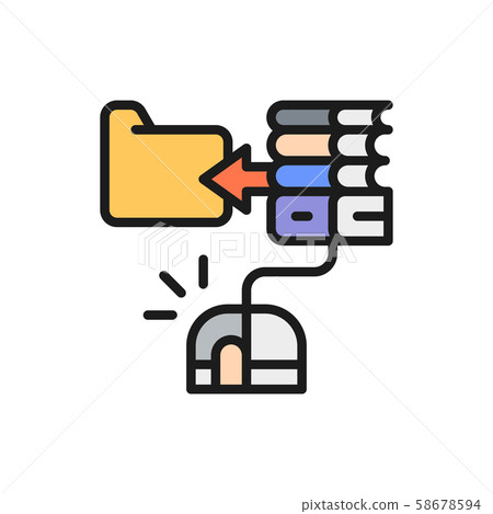 Computer mouse with e-book, online education, web library flat color line icon. 58678594