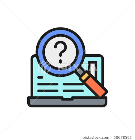 Laptop with loup, pc support flat color line icon. 58678595