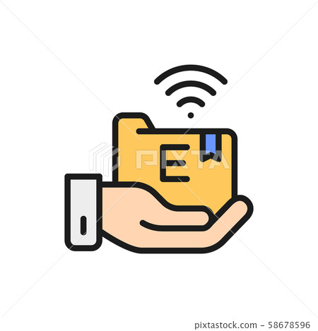 Hand holds e-learning folder flat color line icon. 58678596