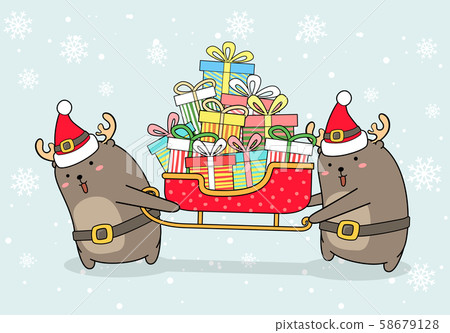 Kawaii reindeers are lifting sleigh vehicle 58679128