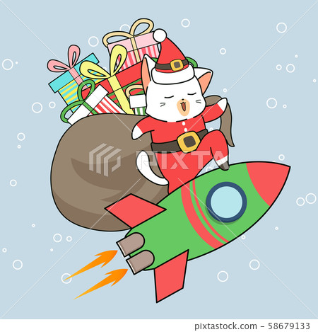 Adorable Santa cat character with gifts is riding a rocket. Adorable Santa cat character with gifts is riding a rocket. 58679133