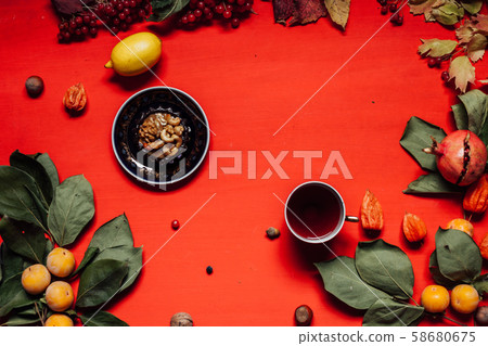 fruits nuts colorful leaves on the background for breakfast lunch dinner 58680675