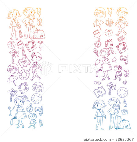 Vector pattern with travel and beach icons. Parents with little kids. Children summer vacation. Vector pattern with travel and beach icons. Parents with little kids. Children summer vacation. 58683367