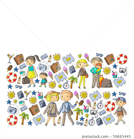 Vector pattern with travel and beach icons. Parents with little kids. Children summer vacation. 58683445