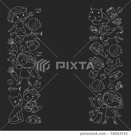 Pet shop. Vector illustration with animals, dog, cat, fish, Colorful background with kitten, bird 58683542