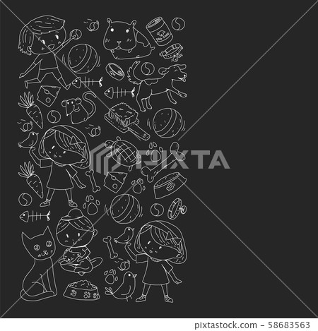 Pet shop. Vector illustration with animals, dog, cat, fish, Colorful background with kitten, bird 58683563
