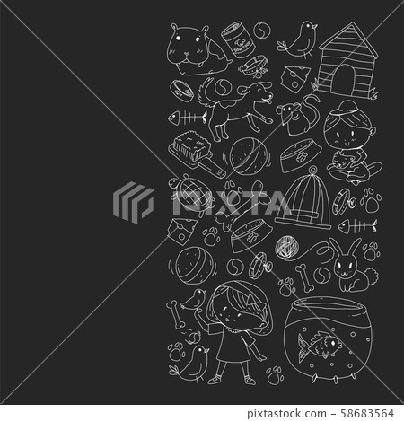 Pet shop. Vector illustration with animals, dog, cat, fish, Colorful background with kitten, bird 58683564