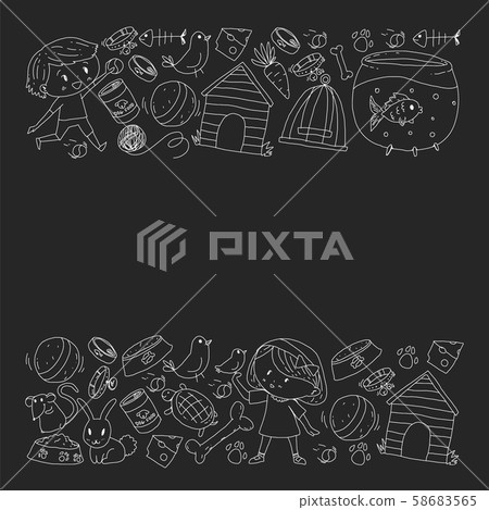 Pet shop. Vector illustration with animals, dog, cat, fish, Colorful background with kitten, bird Pet shop. Vector illustration with animals, dog, cat, fish, Colorful background with kitten, bird 58683565