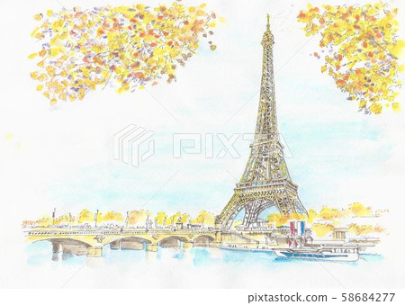 世界遺產的街道，法國，巴黎的埃菲爾鐵塔，秋天 58684277