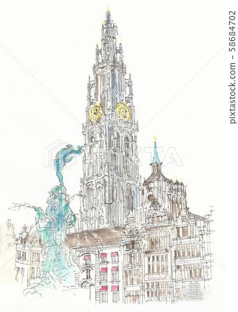 世界遺產城市街道，比利時，安特衛普鐘樓和矮人雕像投擲巨型手臂（經線） 58684702