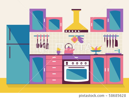 Fashionable modern bright interior of the kitchen in the apartment. Fashionable modern bright interior of the kitchen in the apartment. 58685628