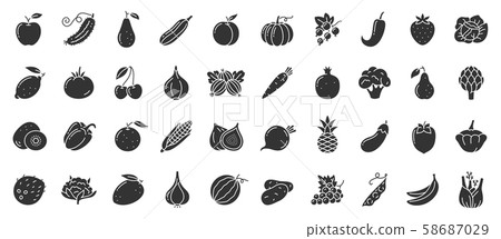 Fruit berry vegetable food glyph icon vector set 58687029