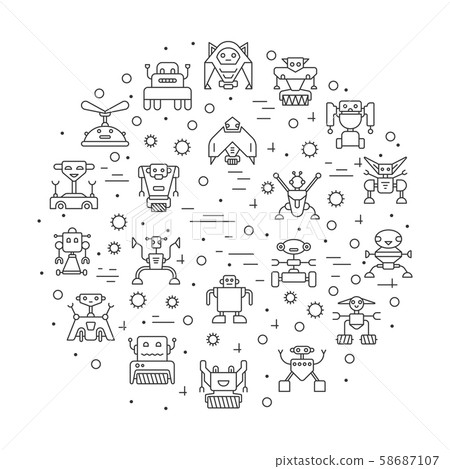 Robot character ai line icon set circular banner 58687107