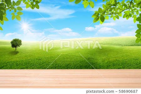 Wooden table and green leaves with beautiful landscape view of green grass natural meadow field. Wooden table and green leaves with beautiful landscape view of green grass natural meadow field. 58690687