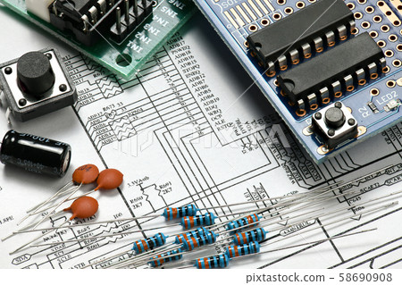 closeup of electronic components, printed circuit closeup of electronic components, printed circuit 58690908