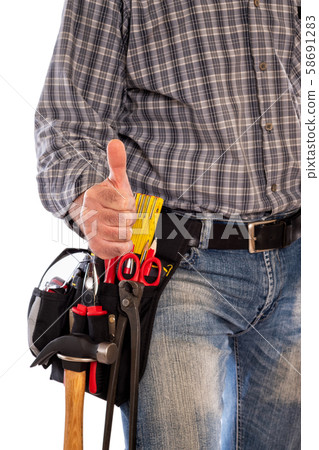 Carpenter with work tools on a white background. Carpenter with work tools on a white background. 58691283