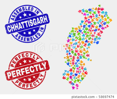 Component Chhattisgarh State Map and Grunge Assembled and Perfectly Stamp Seals 58697474