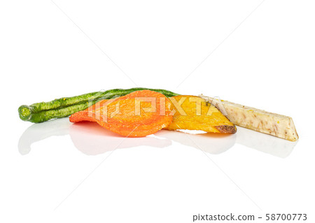 Dried vegetable chips isolated on white Dried vegetable chips isolated on white 58700773
