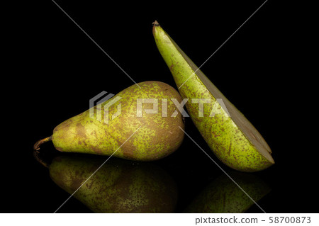 Fresh green conference pear isolated on black glass 58700873