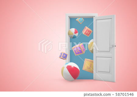 3d rendering of open white door on gradient pink background and many windballs and ABC blocks flying 58701546