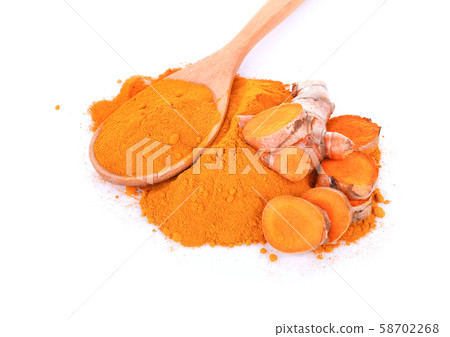 turmeric rhizome and powder on white background turmeric rhizome and powder on white background 58702268