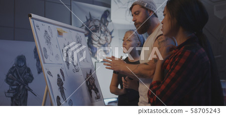 Female designers discussing video game art Female designers discussing video game art 58705243