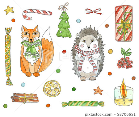 Christmas watercolor set of illustrations. Fox, Christmas watercolor set of illustrations. Fox, 58706651