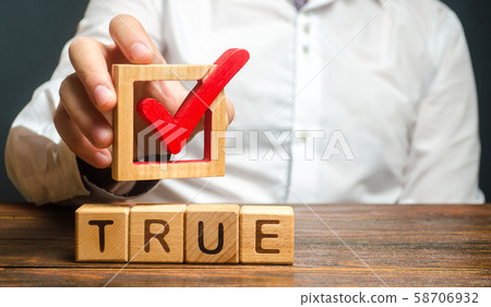 A man holds a red check mark over word True. Confirm the veracity and truth. Fight against fake news hostile propaganda. Confirmation facts, refutation of rumors. Debunking Myths and Misconceptions 58706932