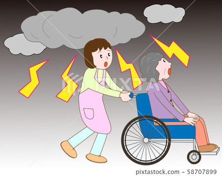 Elderly people in wheelchairs evacuating to disaster 58707899
