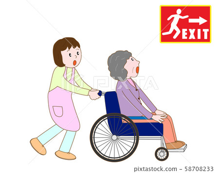 Elderly people in wheelchairs rushing to the emergency exit 58708233