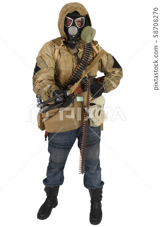 post-apocalyptic warrior in gas mask  58708270