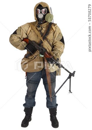 post-apocalyptic warrior in gas mask  58708279