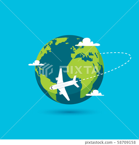 Airplane vector earth world globe icon. Plane flying round travel concept Airplane vector earth world globe icon. Plane flying round travel concept 58709158