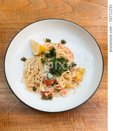 Shrimp linguine top view horizontal composition. 58711291