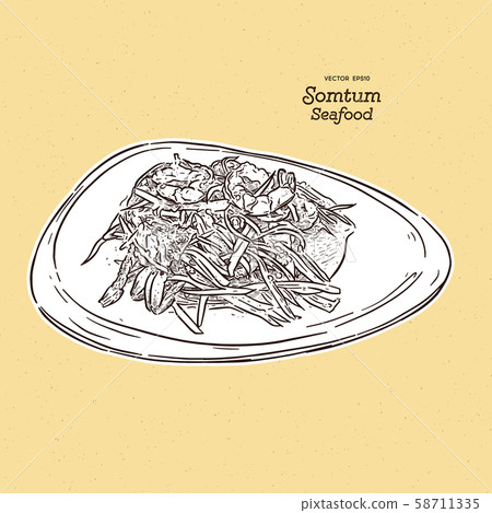 papaya salad or som-tum, with seafood. thai food. 58711335