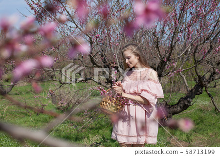 Beautiful blonde woman in dress collects flowers in the garden 58713199