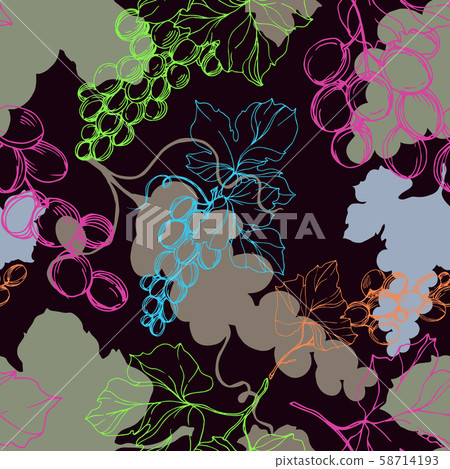 Grape berry healthy food. Black and white engraved ink art. Seamless background pattern. 58714193