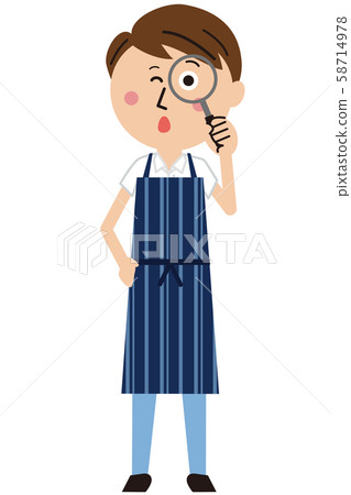 Man wearing pop apron with magnifying glass 58714978