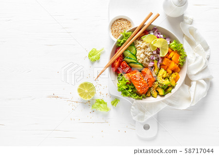 Buddha bowl with grilled salmon fish, healthy food 58717044