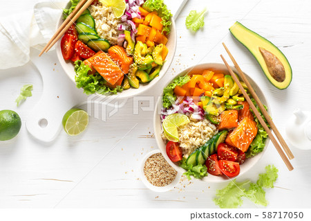 Buddha bowl with grilled salmon fish, healthy food 58717050