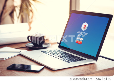 online shopping website on computer laptop blue screen background with password for security payment online. shop online lifestyle, e-commerce and security payment protection concept 58718120