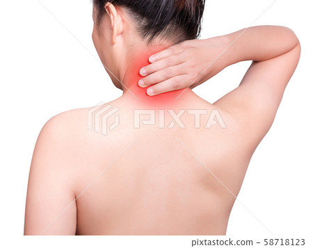 woman suffering from neck pain using hand massage painful neck and nape. red color with red highlight at neck , neck muscles isolated on white background. health care ,medical concept. studio shot woman suffering from neck pain using hand massage painful neck and nape. red color with red highlight at neck , neck muscles isolated on white background. health care ,medical concept. studio shot 58718123