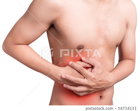 man stomach suffering from stomachache or Gastroenterologist Concept with Healthcare And Medicine. Pain in red color. Isolate on white background 58718131