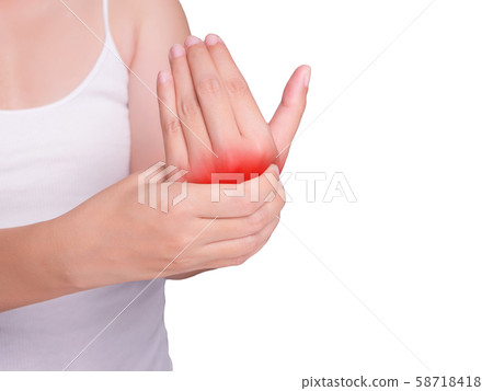 woman suffering from pain in hand. red color highlight at hand isolated on white background. health care and medical concept, studio shot woman suffering from pain in hand. red color highlight at hand isolated on white background. health care and medical concept, studio shot 58718418